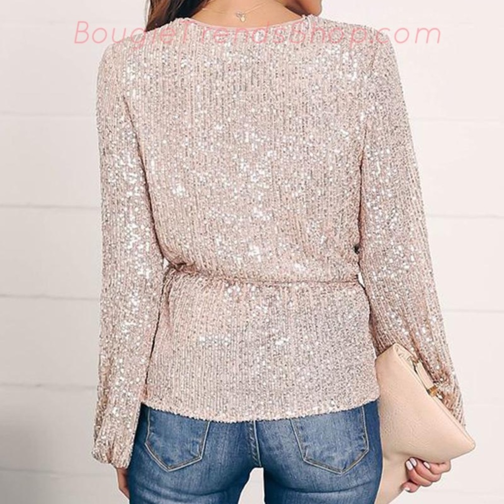 Sequined Tie Waist Wrap Top